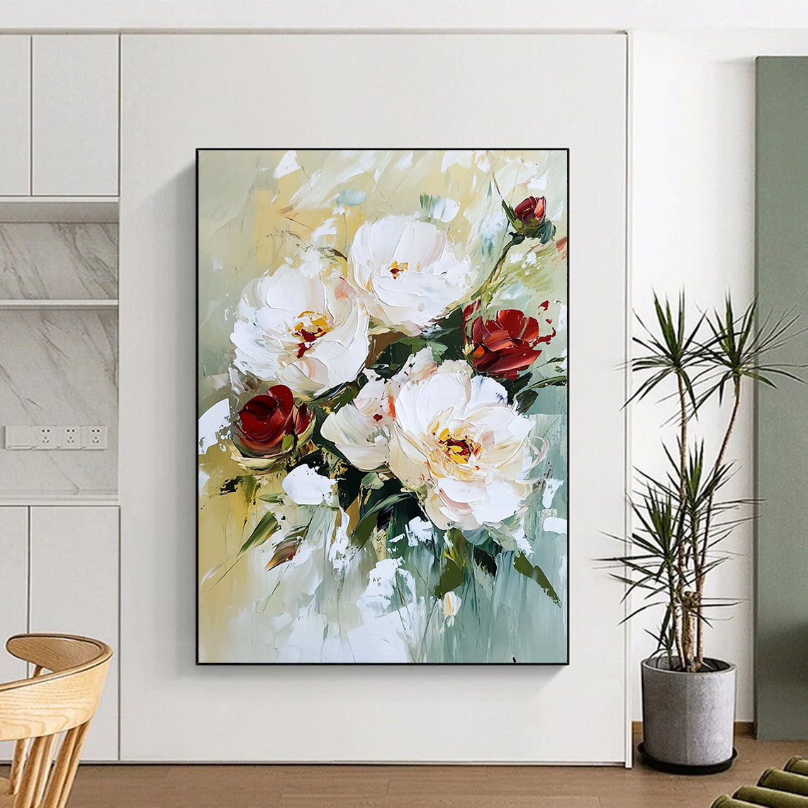 Contemporary abstract painting featuring textured white peonies and red roses with vibrant brush strokes and a soft, natural background. DLZ0673