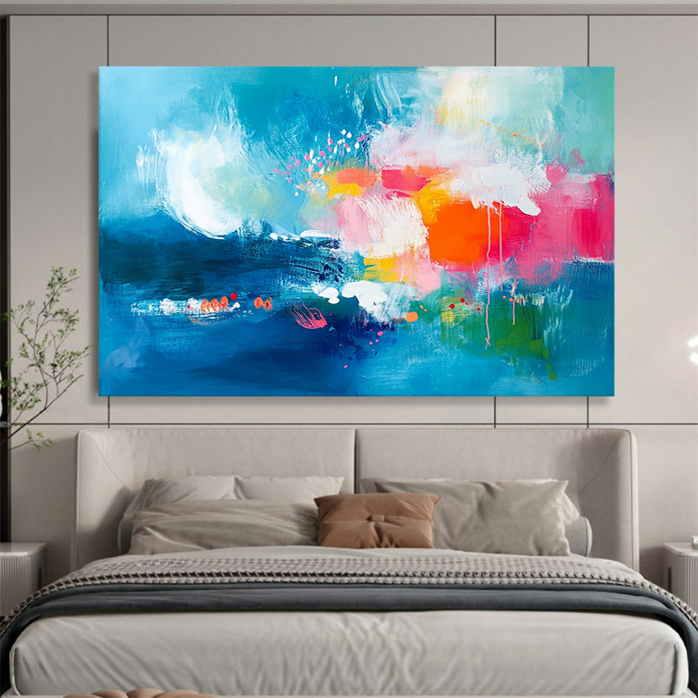 “Colorful Blue - Based Abstract” - Blue, Pink, Orange, Green with Splashes - Painting On Canvas HB1378