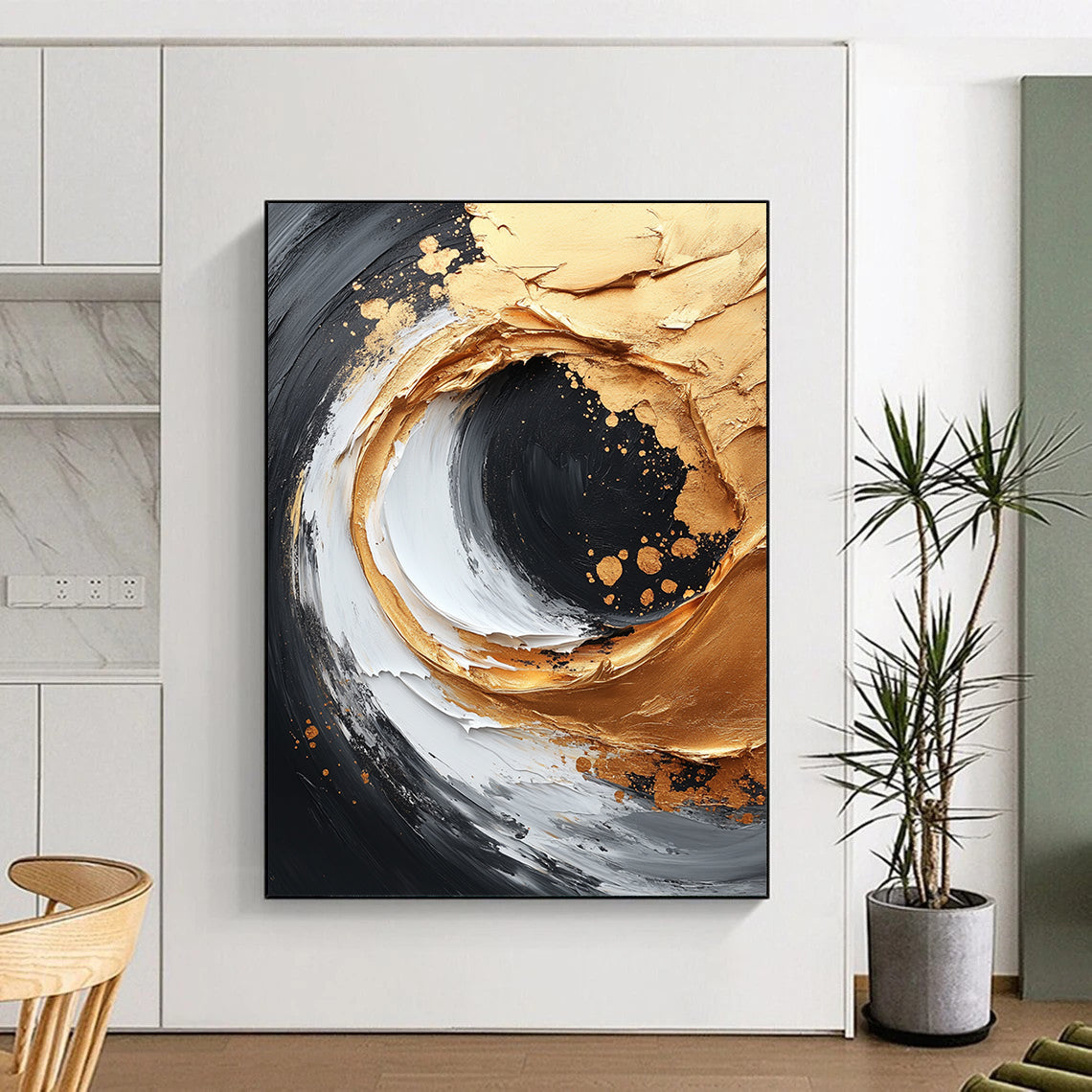 Contemporary abstract painting featuring gold and white brushstrokes on a black canvas with dynamic composition and textured accents in high resolution. DLZ0739
