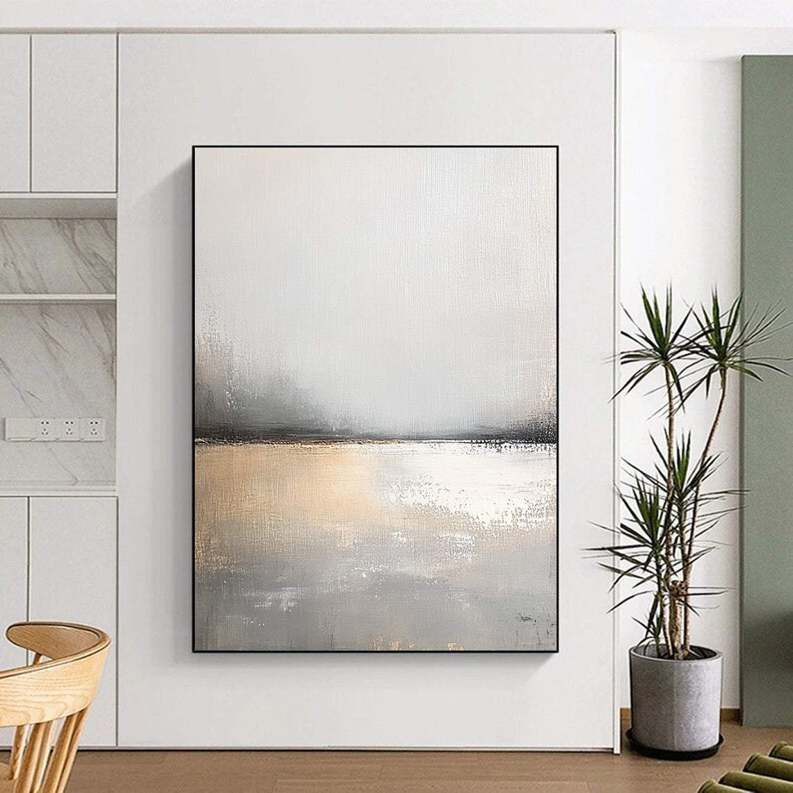 Large contemporary hand-painted abstract artwork features serene gray and white tones with soft brushstrokes and a calming effect that enhances tranquil spaces. DLZ0403