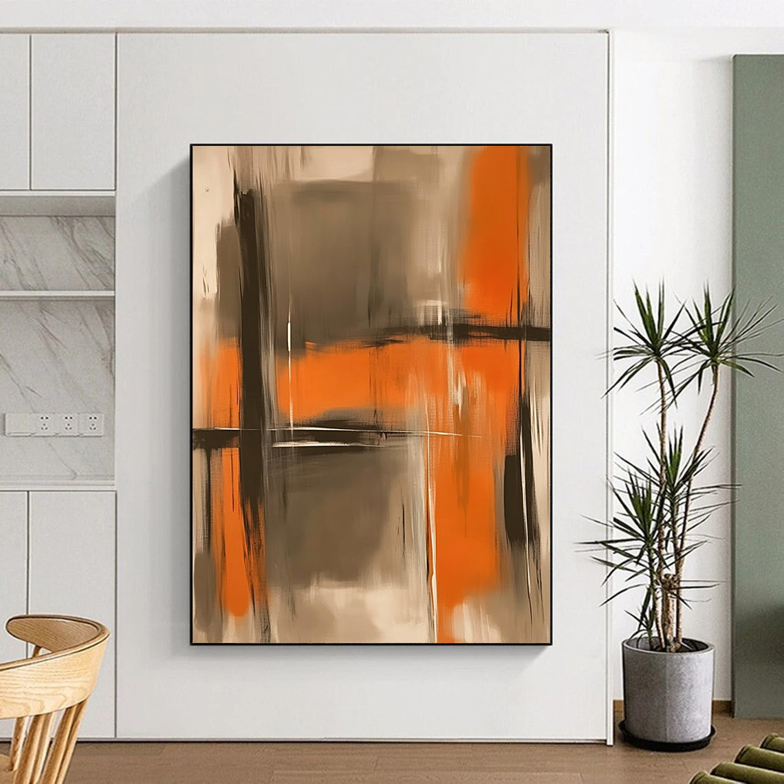 Contemporary hand-painted abstract artwork featuring soft oranges and grays with blurred figures and a grainy texture for a hazy atmospheric effect. DLZ1015