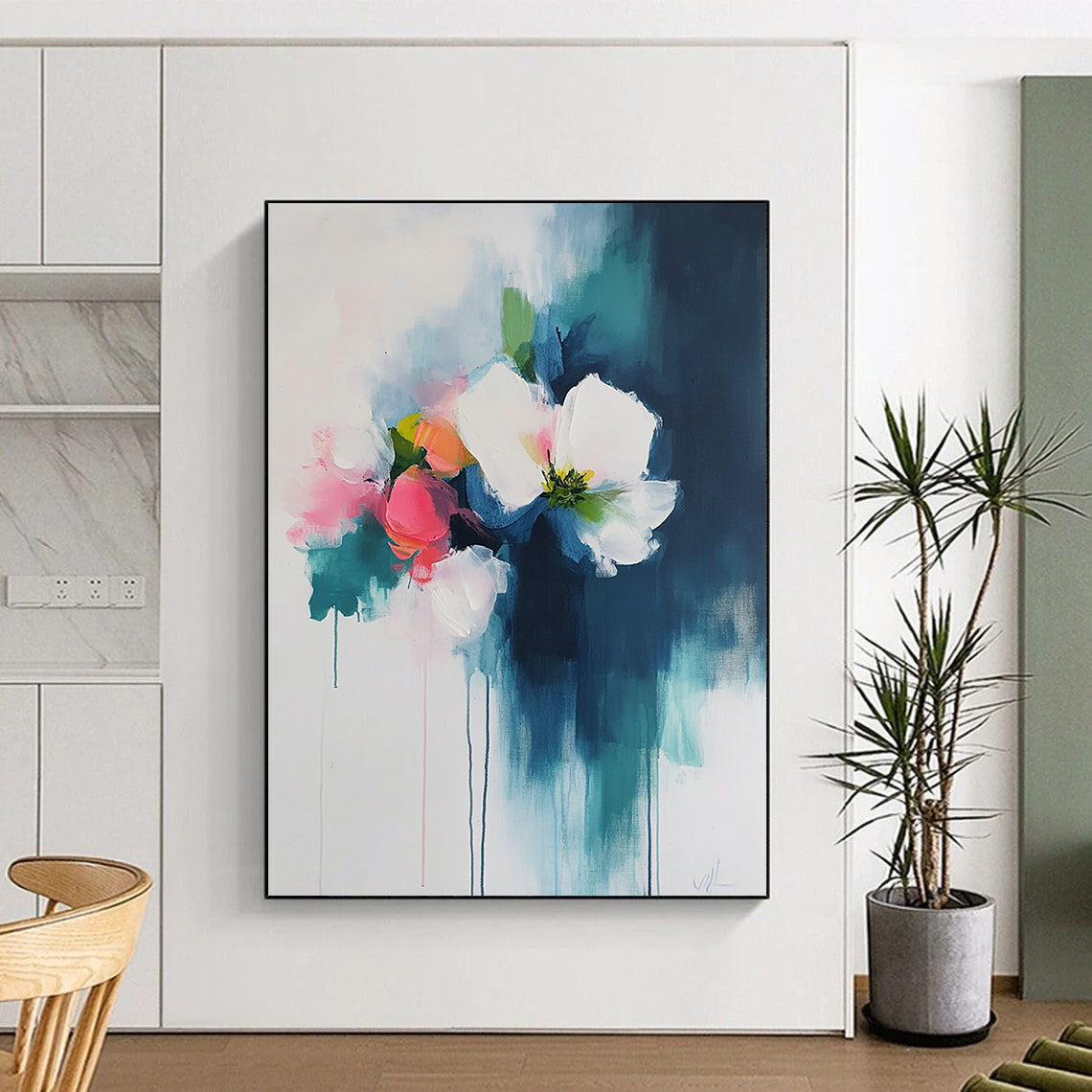 Contemporary abstract art featuring thick brush strokes of dark teal and light pink on a white background, evoking a soft and atmospheric floral theme. DLZ0621