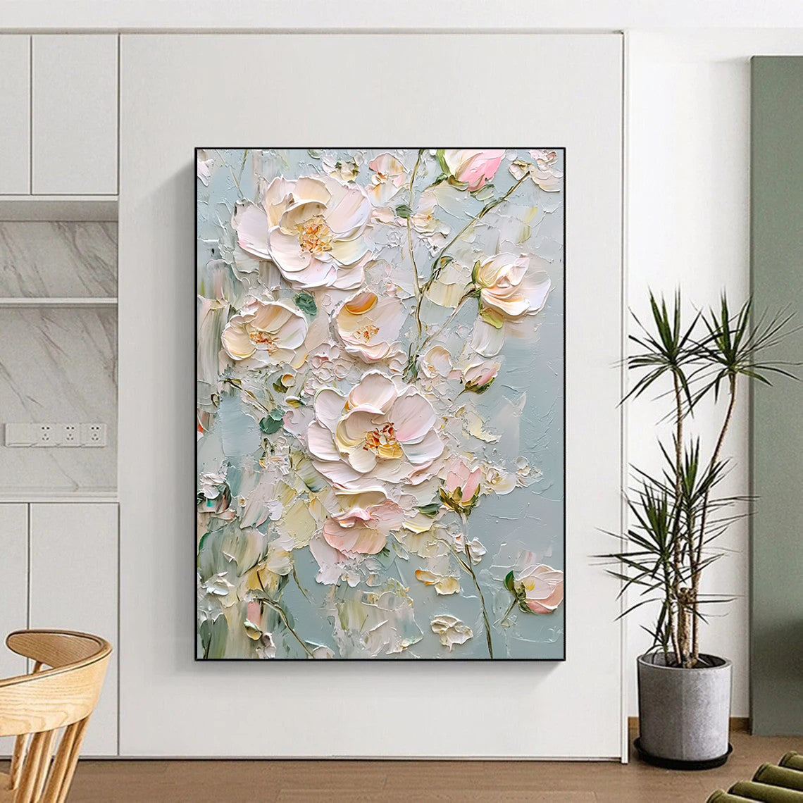 Contemporary hand-painted abstract art featuring light pink and white flowers on a gray background with thick impasto texture and a dreamy atmosphere. DLZ1669