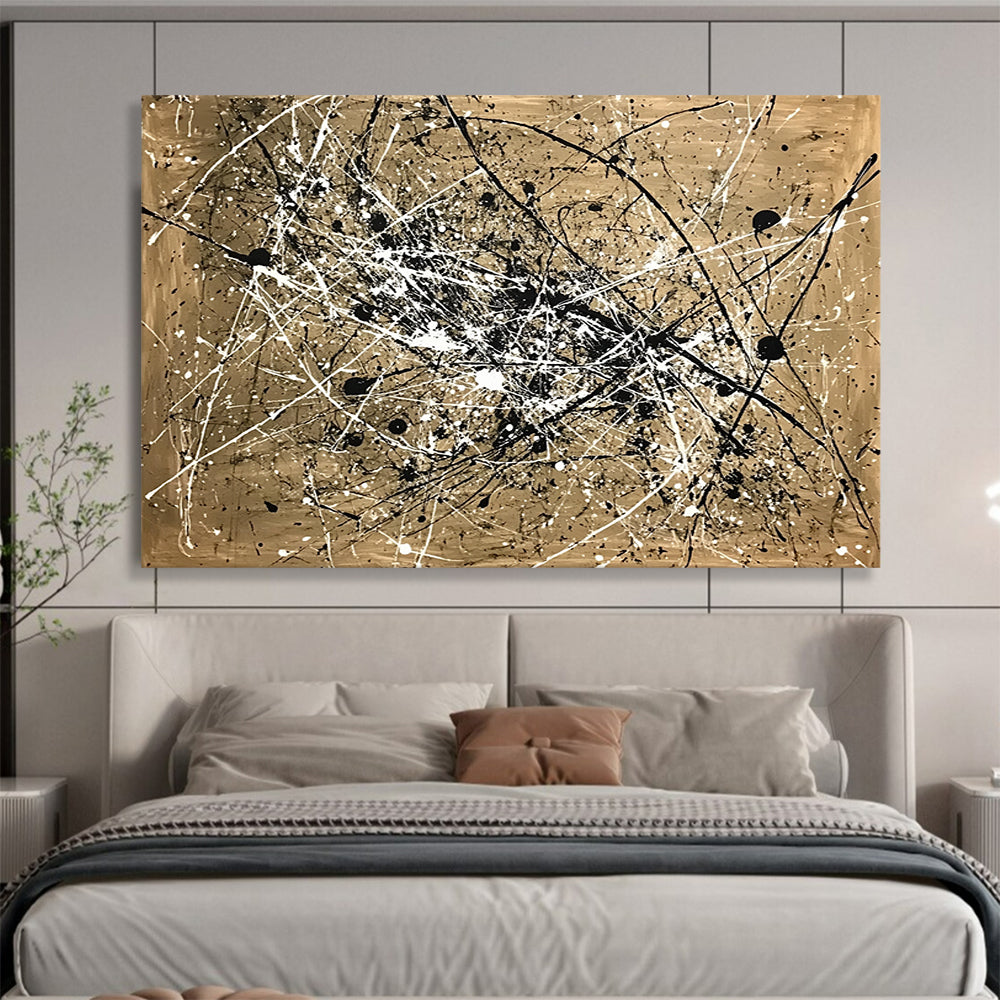“Splattered Black and White on Gold” - Gold, Black, White, Abstract Splatter Art - Acrylic Painting HB1655