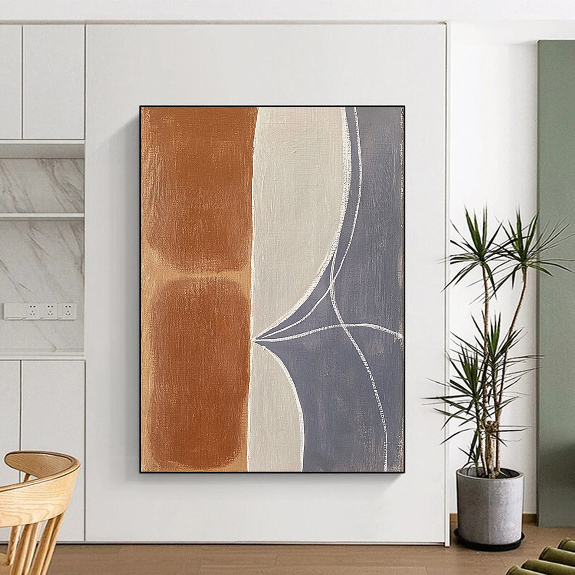 Contemporary abstract painting featuring organic shapes with terracotta brown and gray-blue hues enhanced by thick white lines and soft edges on a light gray background. DLZ0964