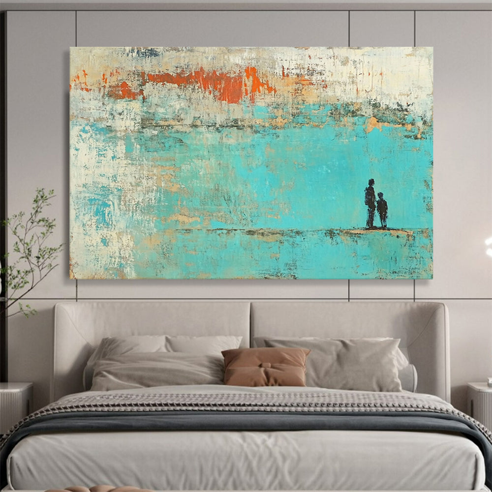 “Father - Child Silhouette in Turquoise - Orange” - Turquoise, Orange, Black with Silhouettes - Painting On Canvas HB1396