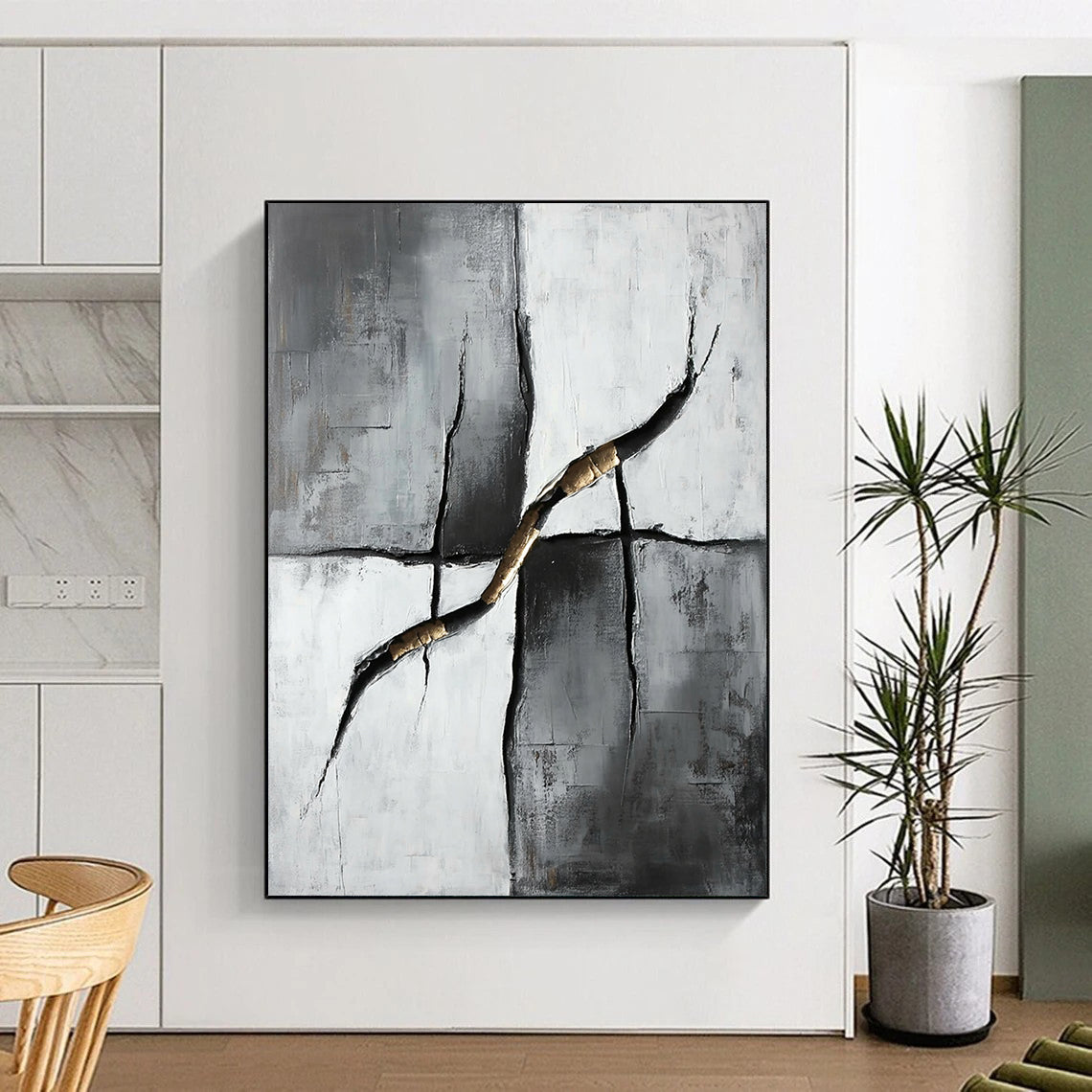 Gray, Black, White and Gold Kintsugi - Inspired "Golden Repair" Painting On Canvas HB359