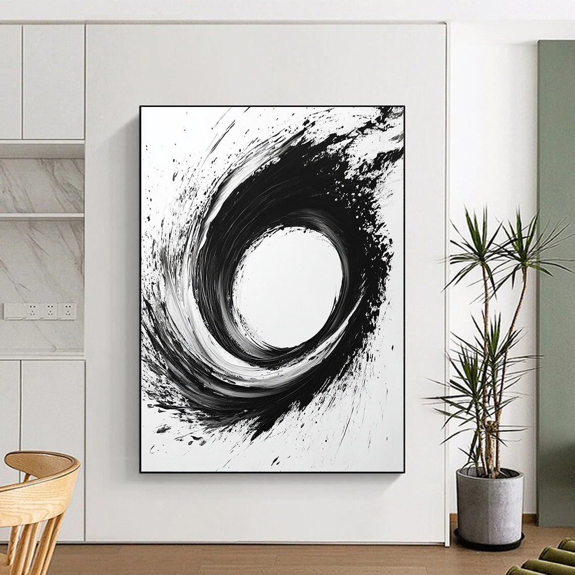 Black, White, Dynamic Circular Swirl "Whirlwind Ink" Abstract Expressionist Painting On Canvas HB133