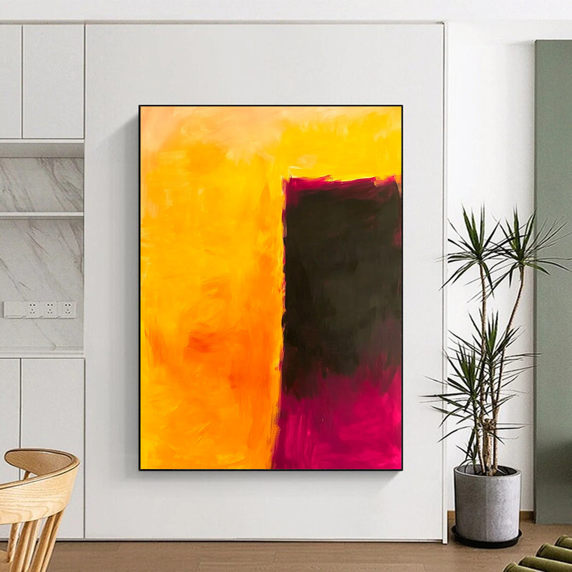 Contemporary hand-painted abstract art featuring a striking interplay of yellow and dark pink, evoking emotion and contemplation in a minimalist style. DLZ1363