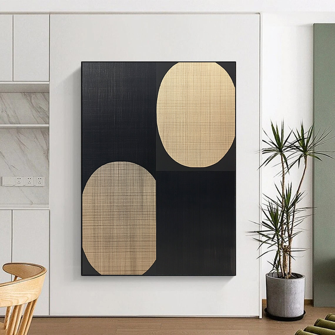 Large contemporary hand-painted abstract artwork features black and beige ovals on a warm wood grain background in a minimalist style. DLZ1600