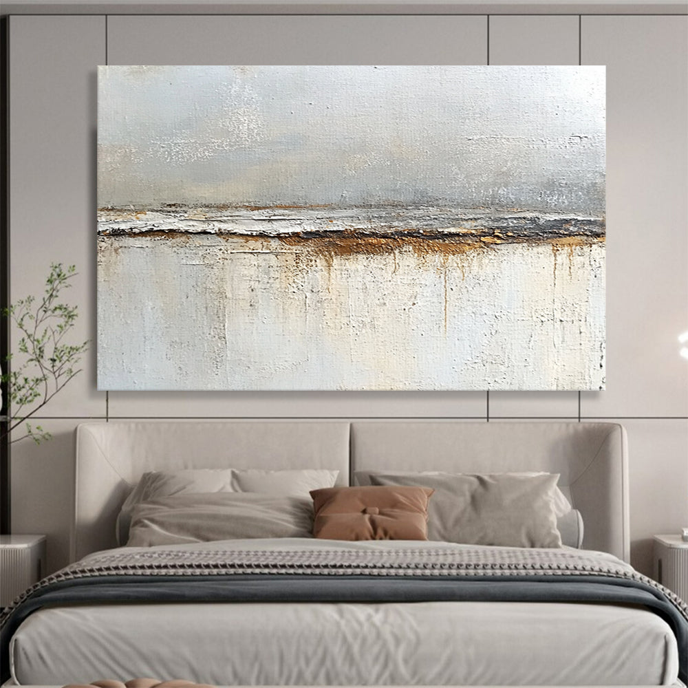 “Textured Gray and Brown Divide” - Gray, brown, white; Textured horizontal divide with drips; Oil Painting On Canvas HB1217
