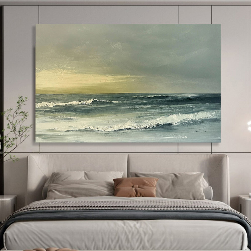 Green, Gray, White and Beige Subtle Seaside "Quiet Surf" Painting On Canvas HB0674