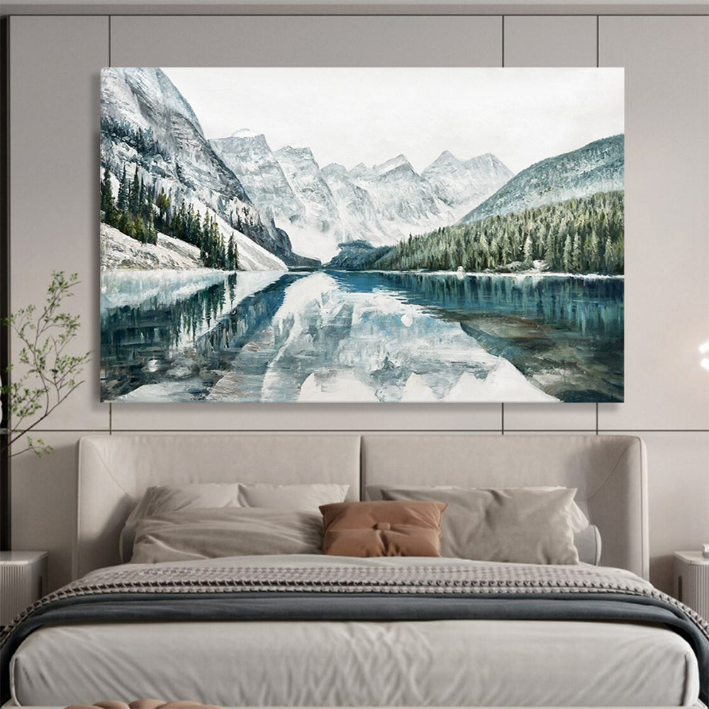 Snowy Mountain Lake Reflection - Serene Living Room Art DLZ221