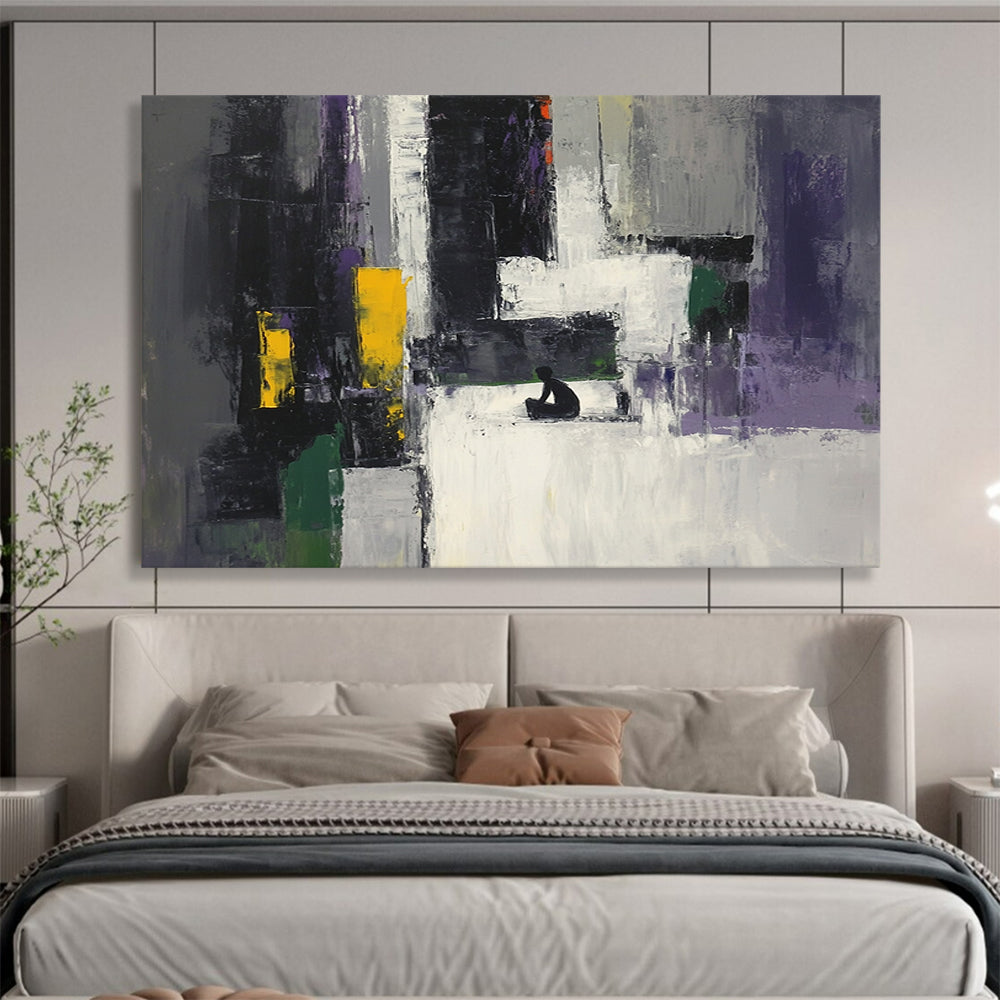 “Colorful Abstract with Figure” - Gray, Purple, Yellow, Green, Figure Silhouette - Painting On Canvas HB1428
