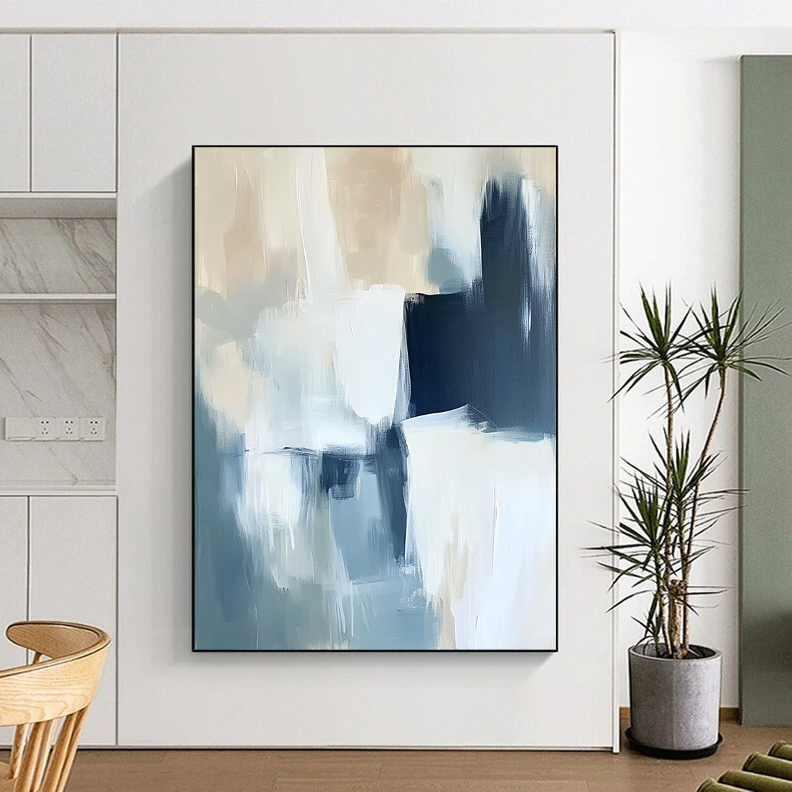 Contemporary abstract painting in soft blue and white with bold brush strokes and subtle black accents, showcasing a minimalist atmosphere and gentle edges. DLZ0529