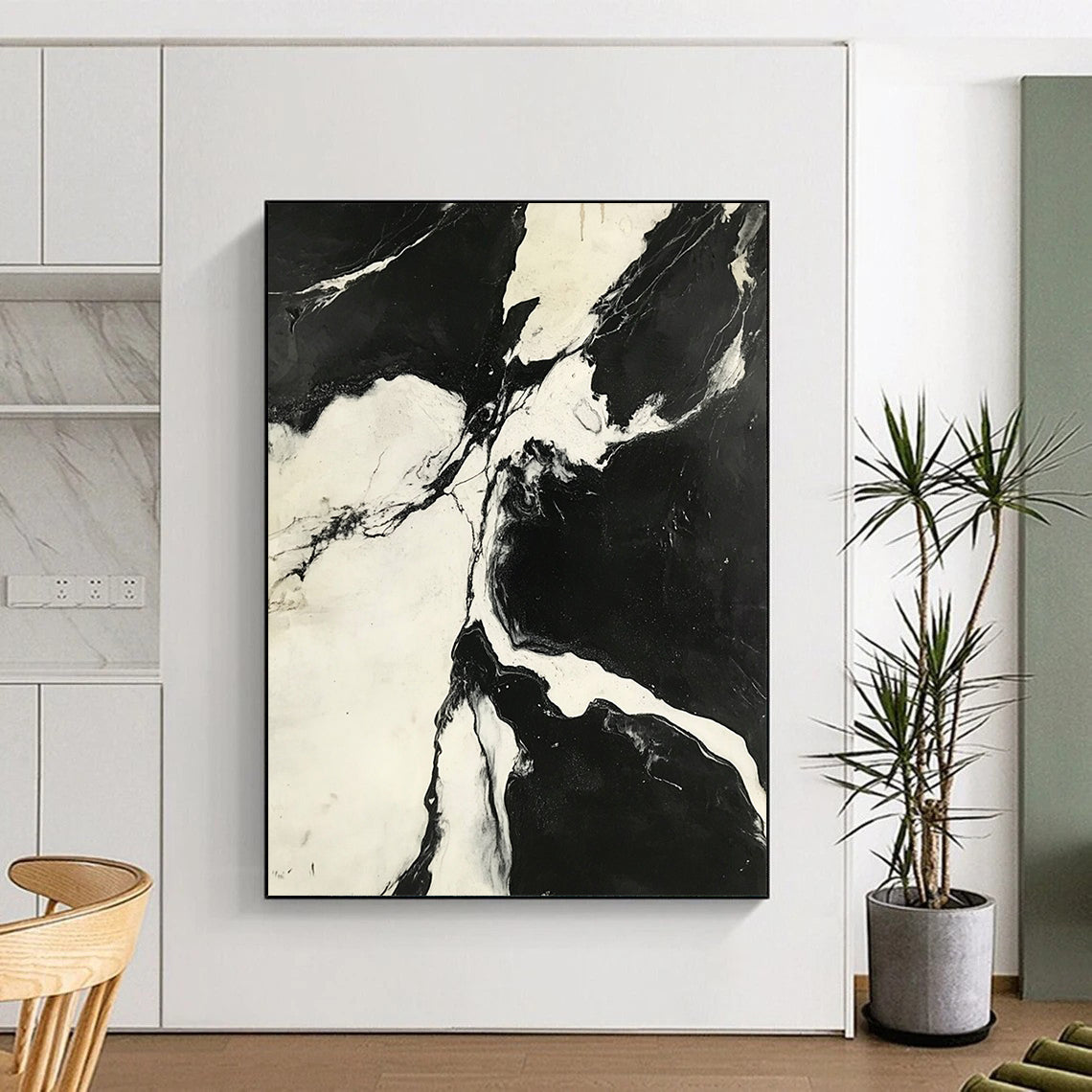 Contemporary hand-painted abstract art showcasing a striking black-and-white aerial view of high-contrast marble patterns. DLZ1138