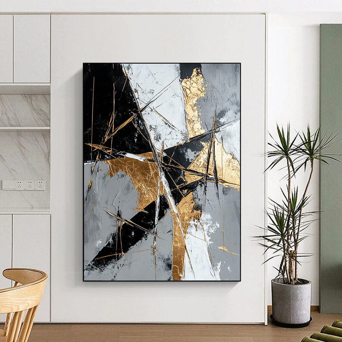 Gray, Black, White, Gold, Geometric Shards "Golden Fragment" Abstract Modernist Painting On Canvas HB073