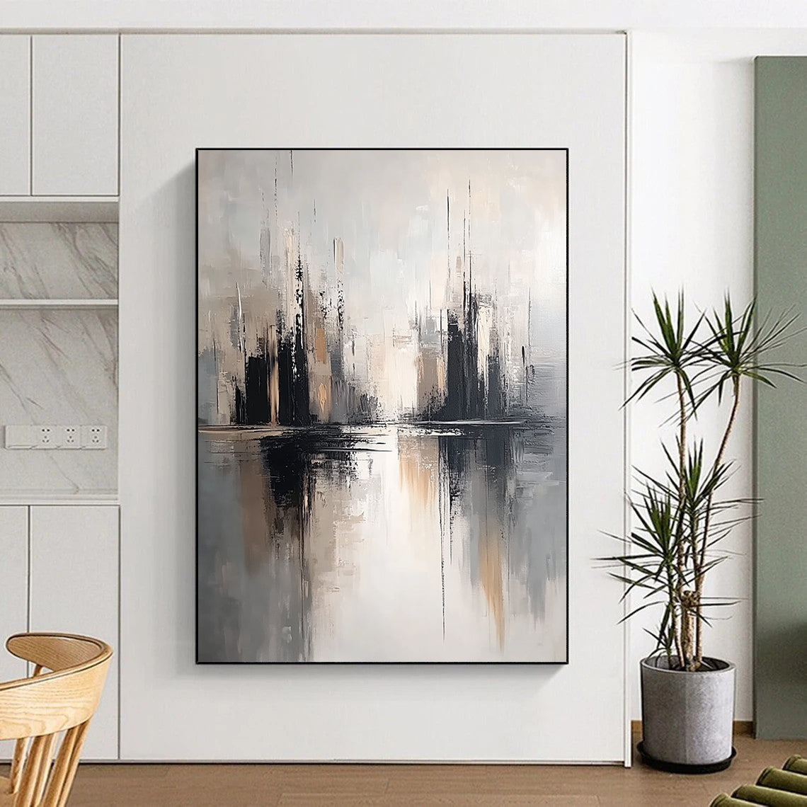 Contemporary hand-painted abstract artwork featuring soft gray tones and a neutral palette with detailed textures and minimalist design on a white background. DLZ0810