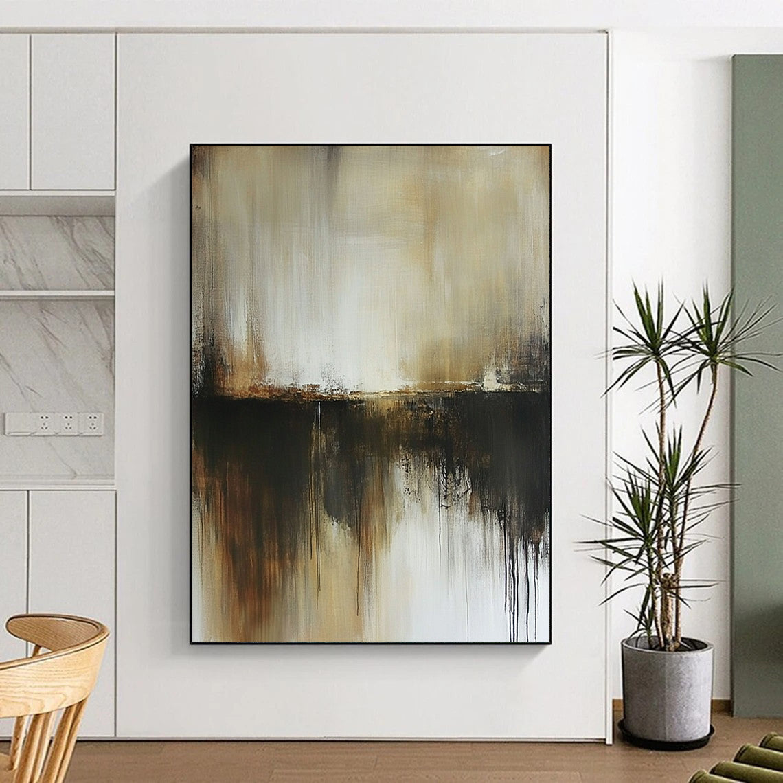 Contemporary hand-painted abstract art in neutral browns and greys evokes a dark grungy misty atmosphere with subtle beige and white tones. DLZ0528