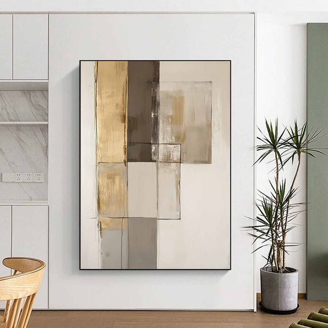 Contemporary hand-painted abstract art featuring textured brown and gold accents with smooth shades of gray on an off-white background. DLZ1070