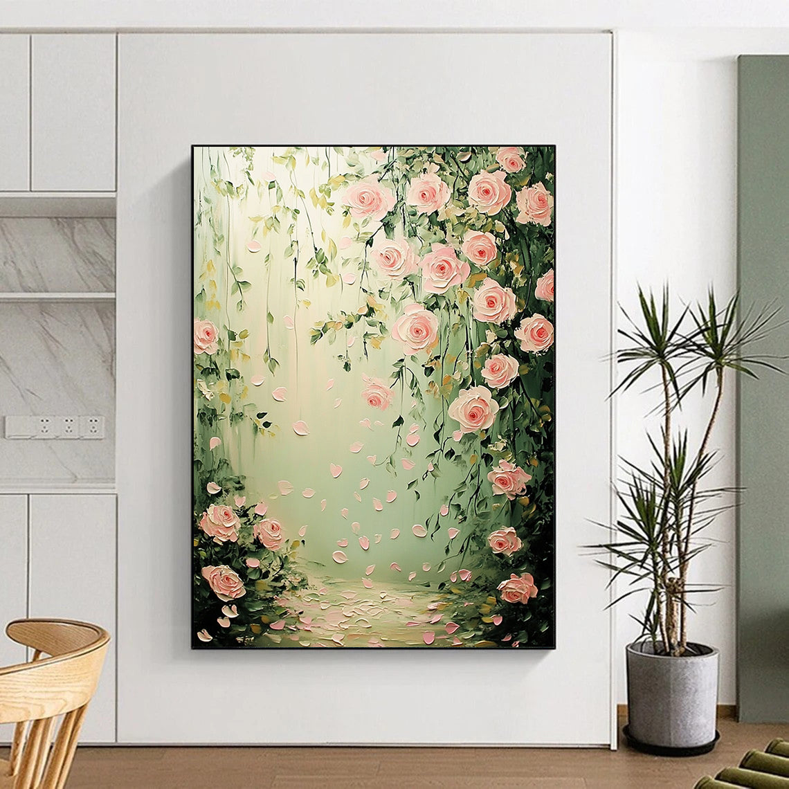 Contemporary hand-painted abstract art featuring pink roses and green leaves with softly falling petals in a dreamy pastel background, perfect for wedding decor. DLZ1508