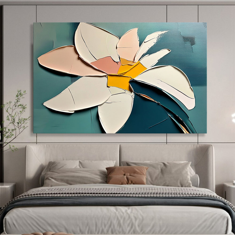 “Abstract Petal Layers” - Pink, White, Yellow, Teal, 3D - like Floral Collage Painting On Canvas HB1104