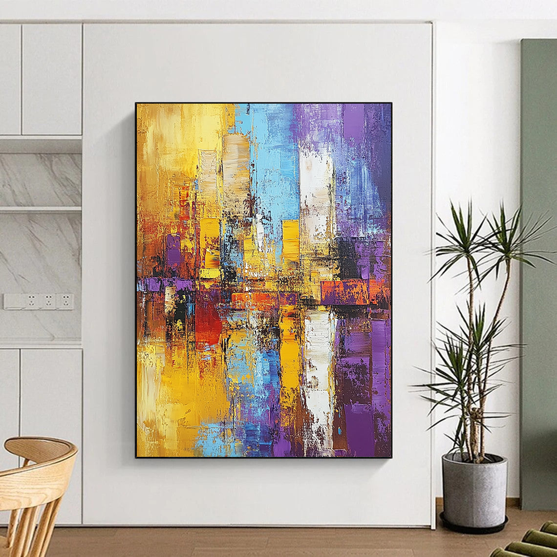 Contemporary hand-painted abstract art featuring a textured cityscape in gold and purple, showcasing expressive brushstrokes in a striking composition. DLZ0467