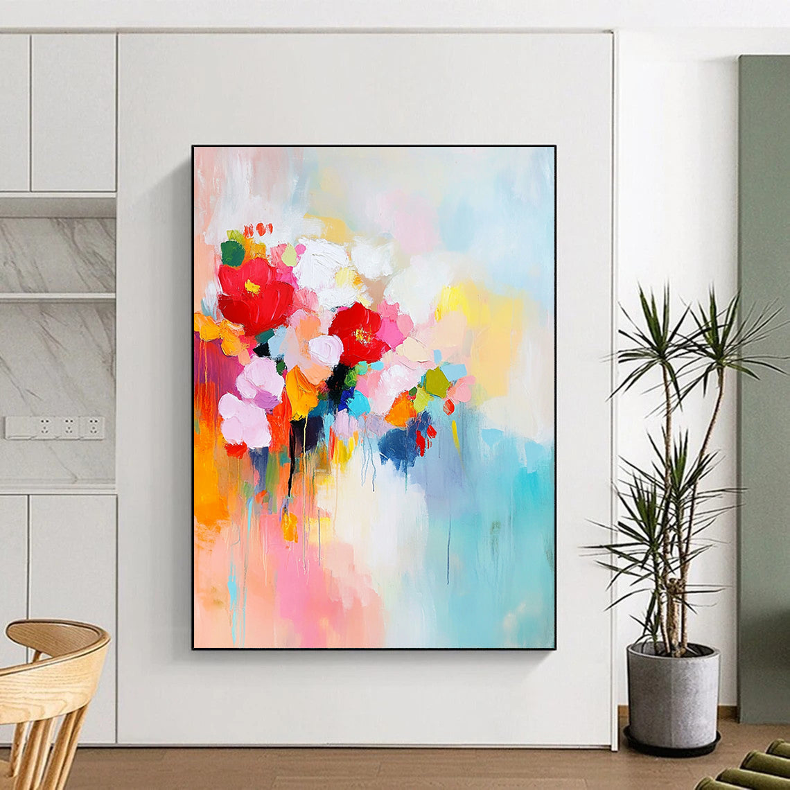 Contemporary abstract painting featuring vibrant colors large brush strokes and serene elements conveying a sense of harmony and joy with a central space for text. DLZ0733