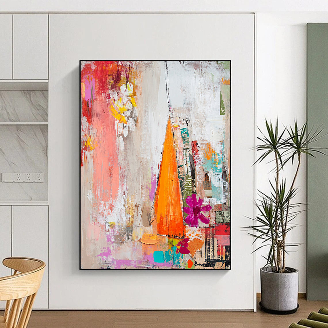 Contemporary abstract painting featuring textured brushstrokes of white reds pinks oranges and yellows with a dreamy collage of floral magazine clippings. DLZ1274