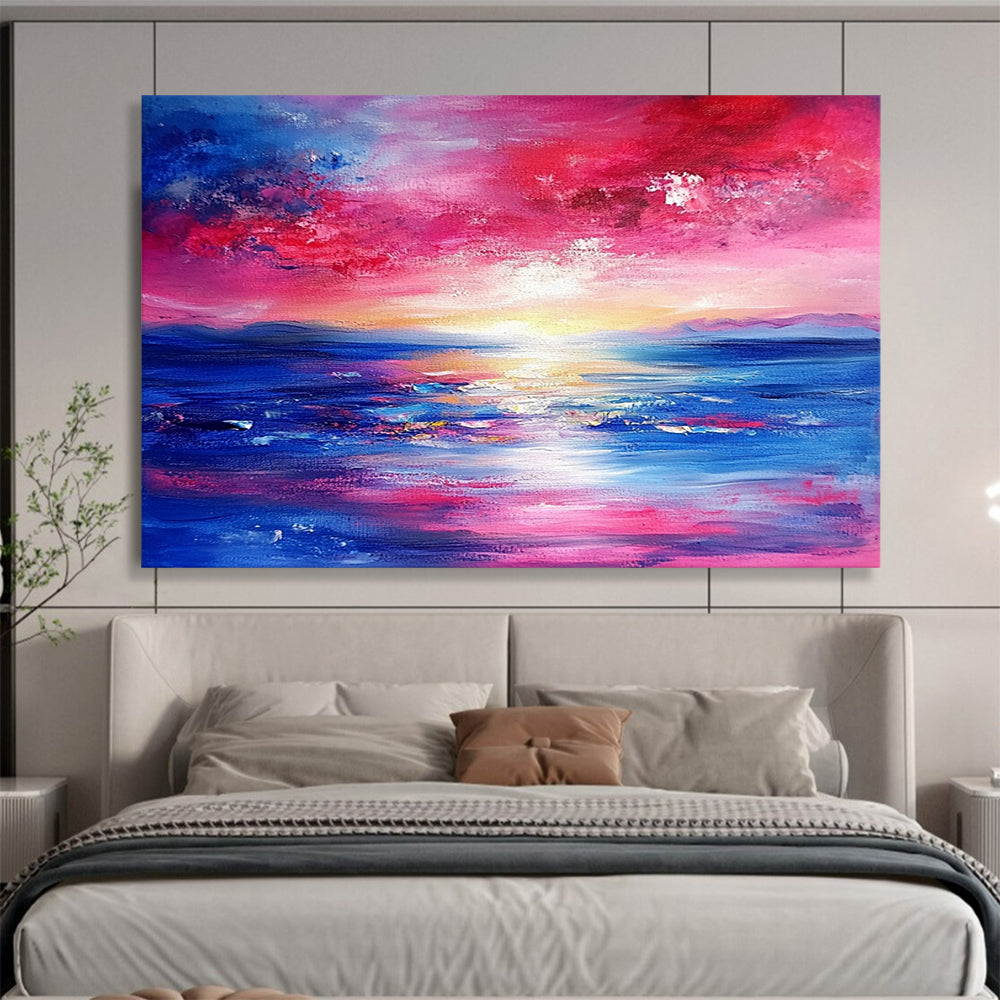 “Vibrant Sunset Seascape” - Pink, red, blue, yellow; Abstract sunset sea; Expressive Oil Painting On Canvas HB1193