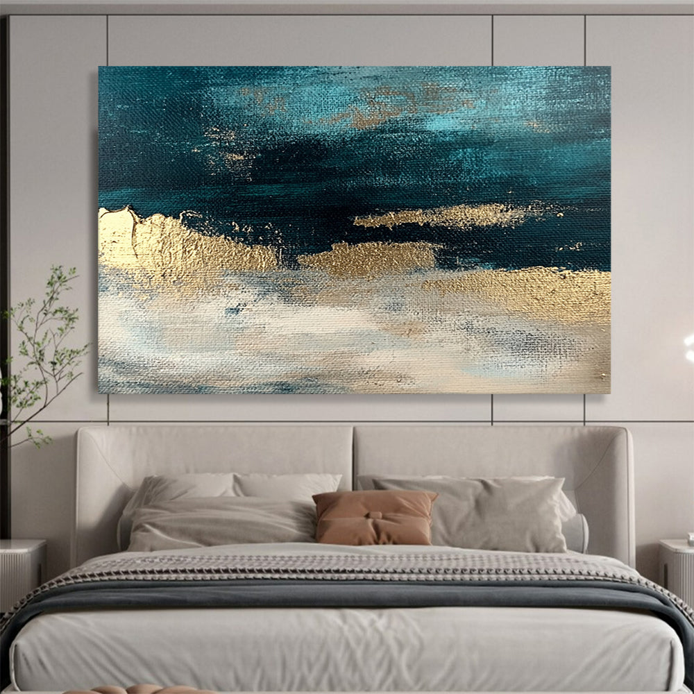 “Teal - Gold Abstract Horizon” - Teal, Gold, White with Textured Layers - Painting On Canvas HB1404