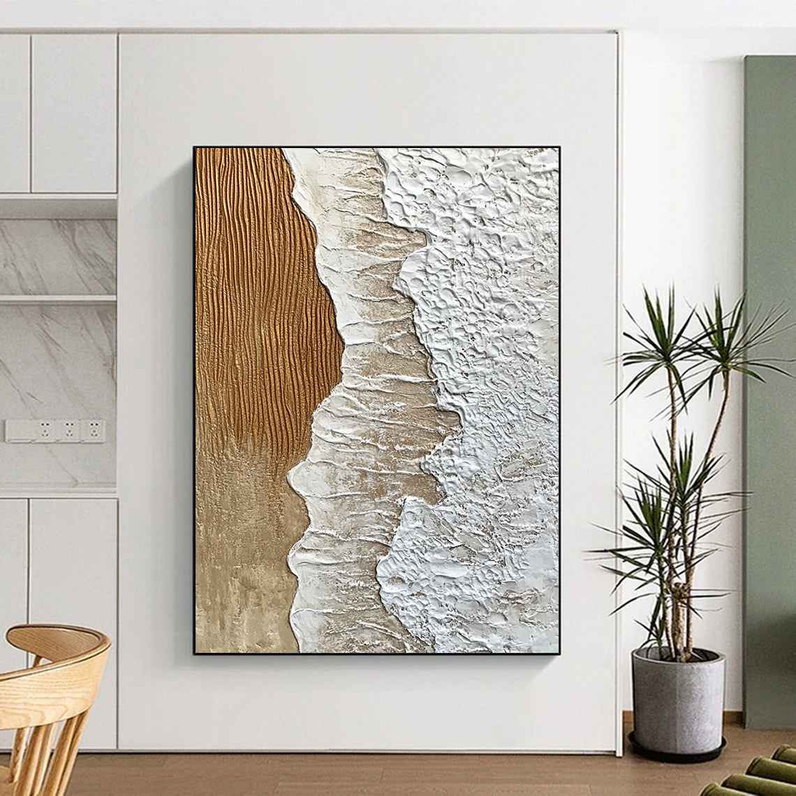 Contemporary abstract art features textured sand and crashing waves, creating intricate patterns that embody the beauty and power of nature. DLZ1207