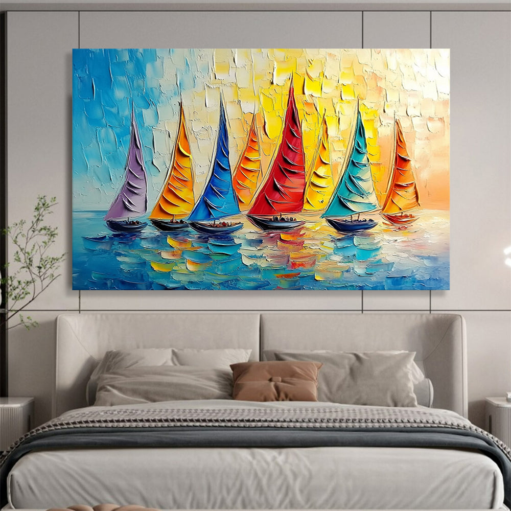 “Rainbow Sailboat Regatta” - Vivid Purples, Oranges, Blues, Colorful Sailboats - Impasto Oil Painting HB1735