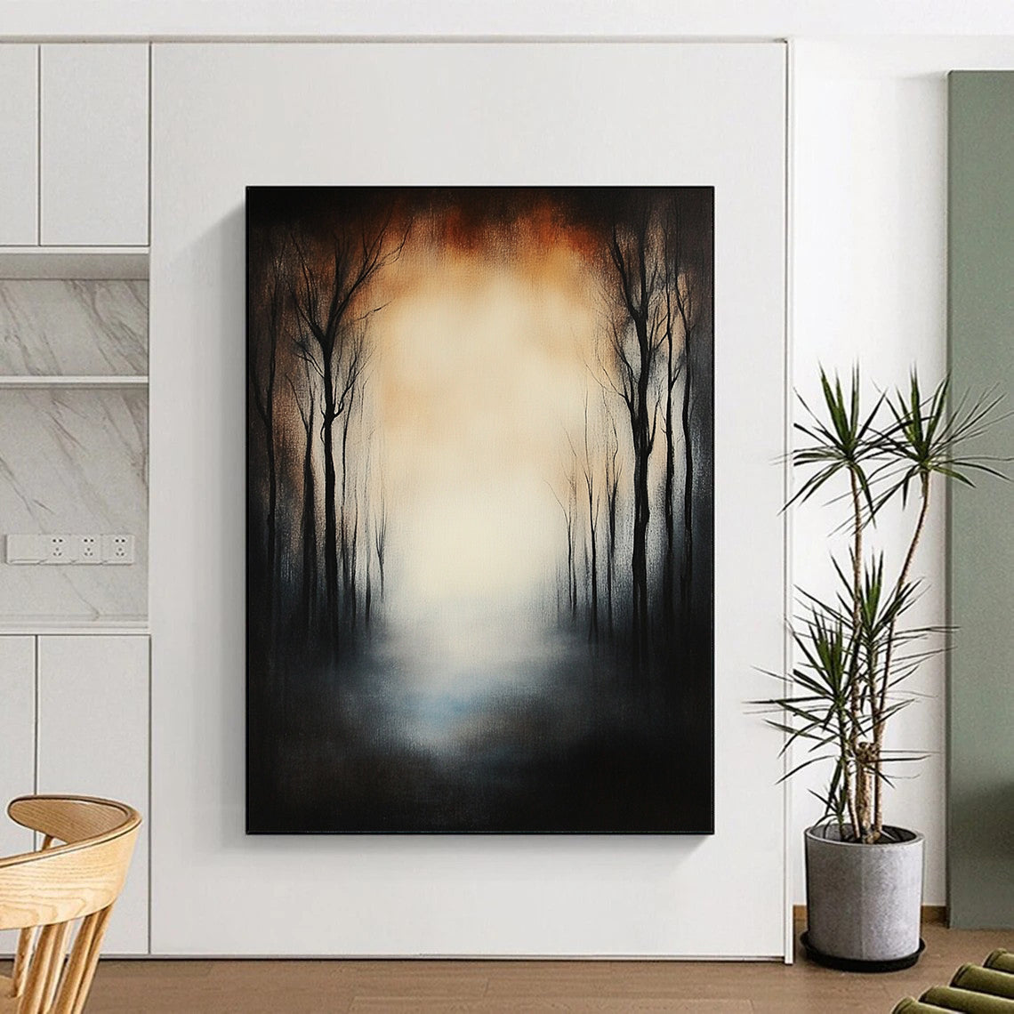 Large contemporary hand-painted abstract artwork featuring a forest of dead trees under eerie fog with a glowing sky and a mysterious blurred effect. DLZ1264
