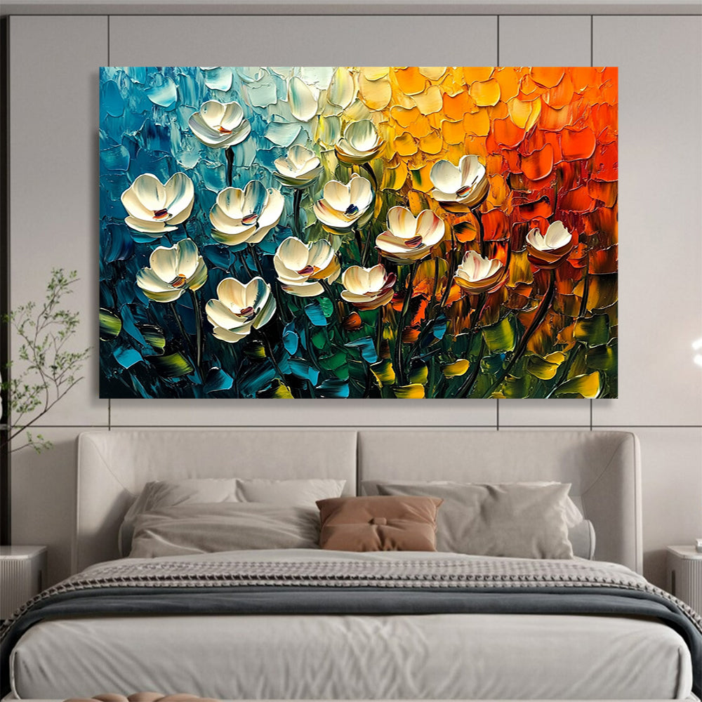 Textured White Flowers in Colorful Background – Impasto Abstract Acrylic Floral Painting HB1474