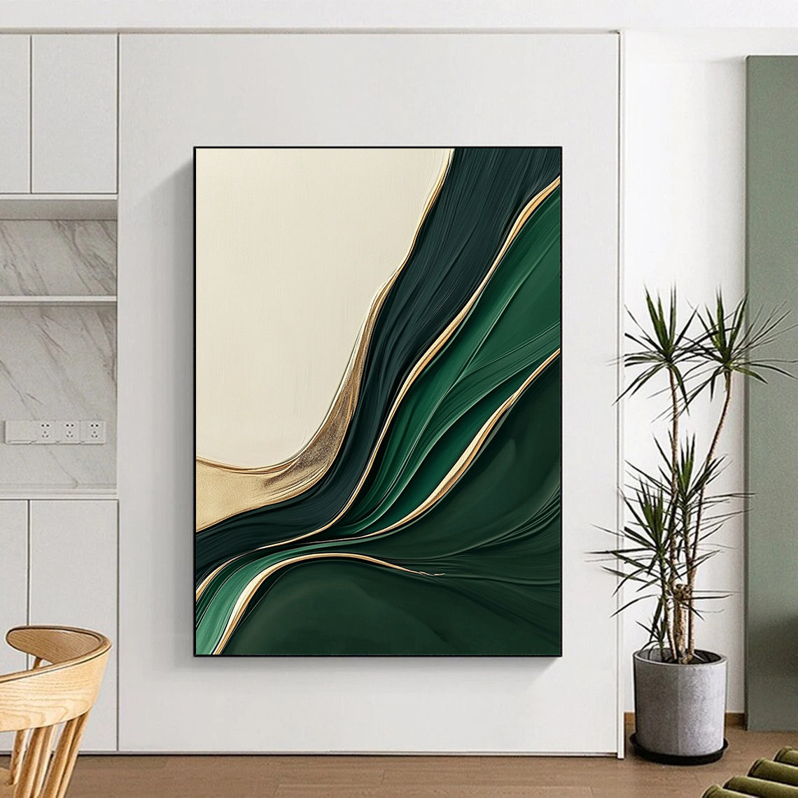 Contemporary hand-painted abstract art features a light green and dark beige gradient with curved lines and gold foil, creating an elegant textured appearance. DLZ0711