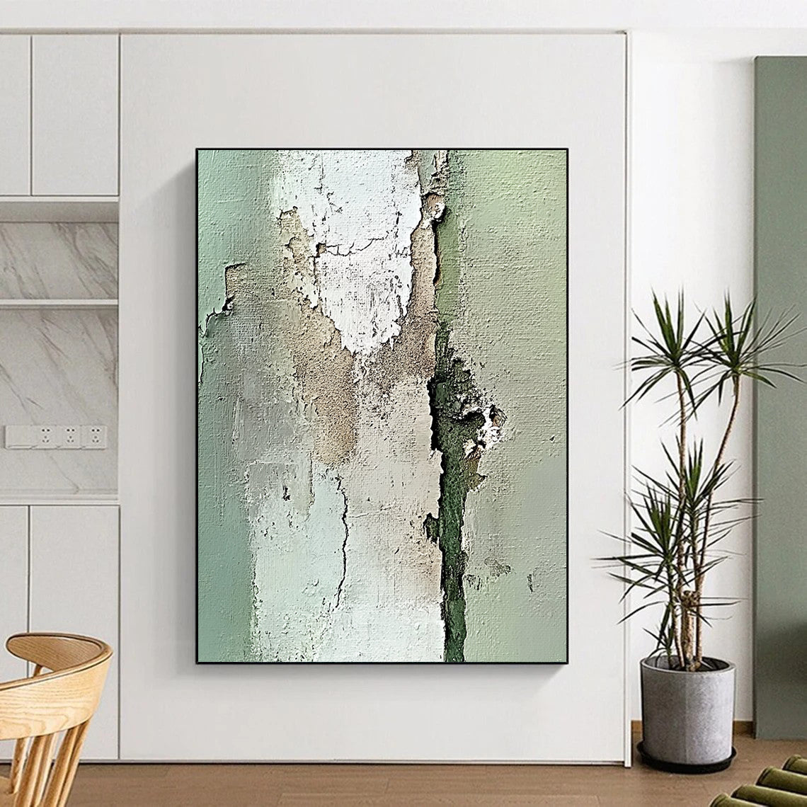 Contemporary abstract artwork featuring an old peeling wall in neutral tones with intricate light green and beige textures using impasto technique. DLZ1199