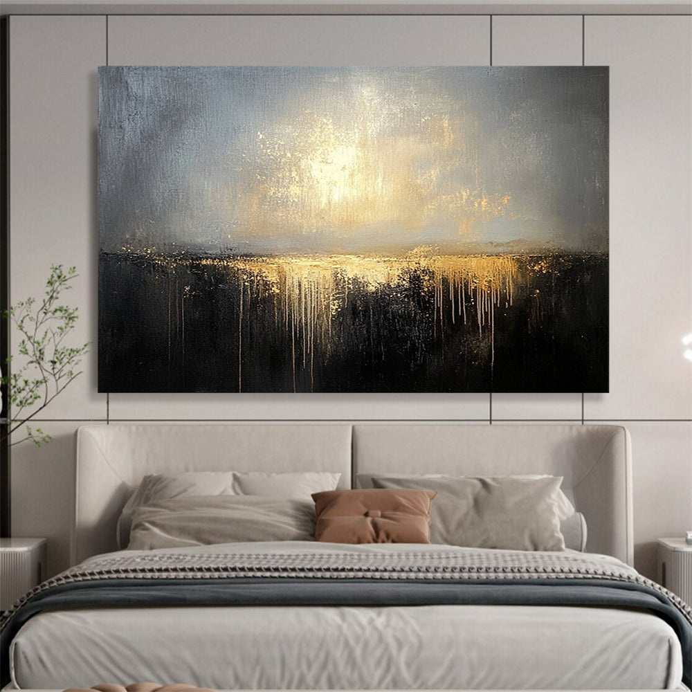 “Gilded Twilight Horizon” - Gray, Gold, Dripping Textures, Abstract Landscape Painting On Canvas HB0896