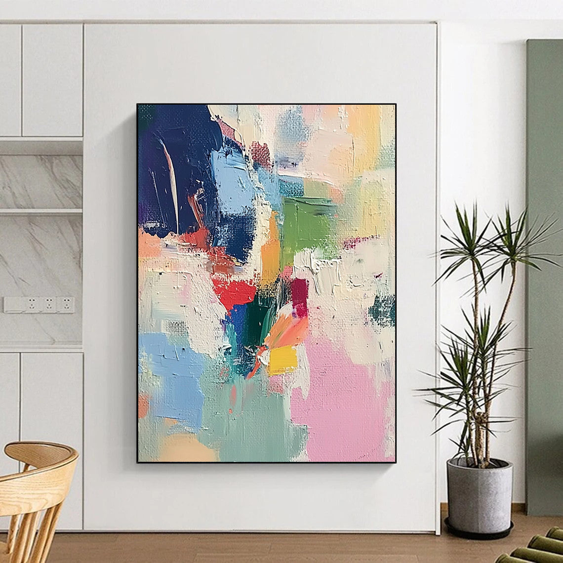 Large contemporary hand-painted abstract artwork featuring soft brushstrokes light colors thick paint and striking contrasts creating a chaotic atmospheric composition. DLZ0767