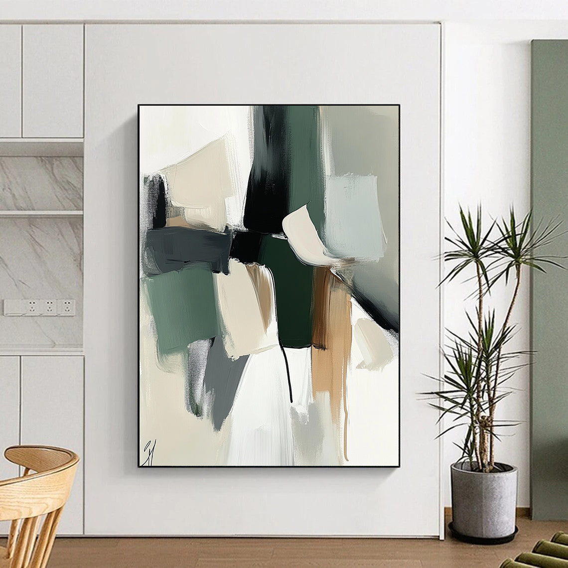 Large contemporary hand-painted abstract artwork with soft shapes and colors in sage green and white, complemented by dark gray for a gentle atmosphere. DLZ0770