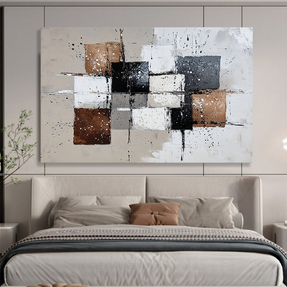 “Black White Brown Abstract Squares” - Black, White, Brown, Splattered Forms - Painting On Canvas HB1421