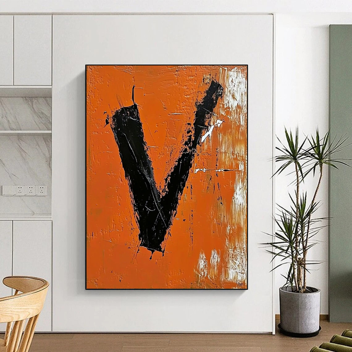 Contemporary abstract artwork featuring bold black "V" on vibrant orange background with expressive brush strokes and palette knife technique. DLZ1324