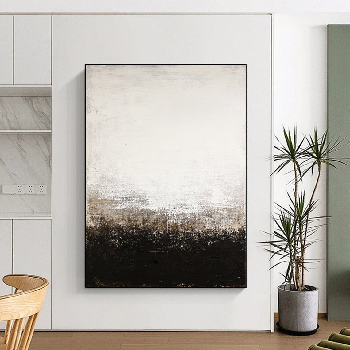 Large contemporary abstract painting features a black and white color scheme with a white-to-beige gradient and dark brown base evocative of Whistler and Rothko. DLZ0544