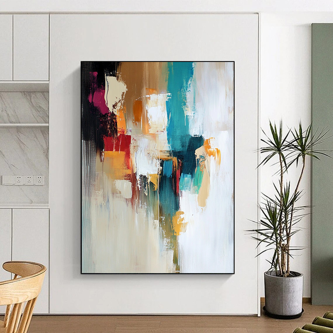 Contemporary hand-painted abstract art with soft colors and thick brushstrokes featuring beige, white, teal, green, orange, and brown tones. DLZ1055