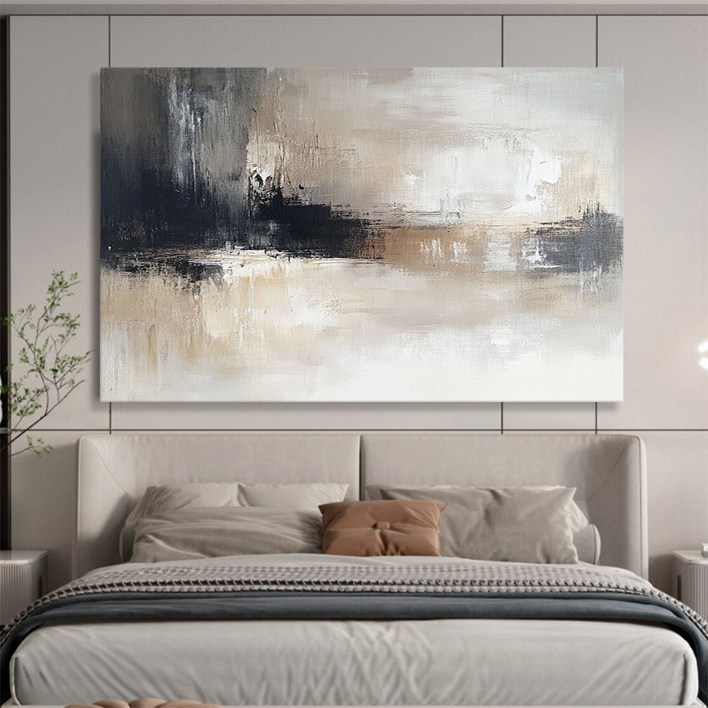“Neutral Textured Horizon” - Gray, Beige, Black, Abstract Landscape Painting On Canvas HB1071