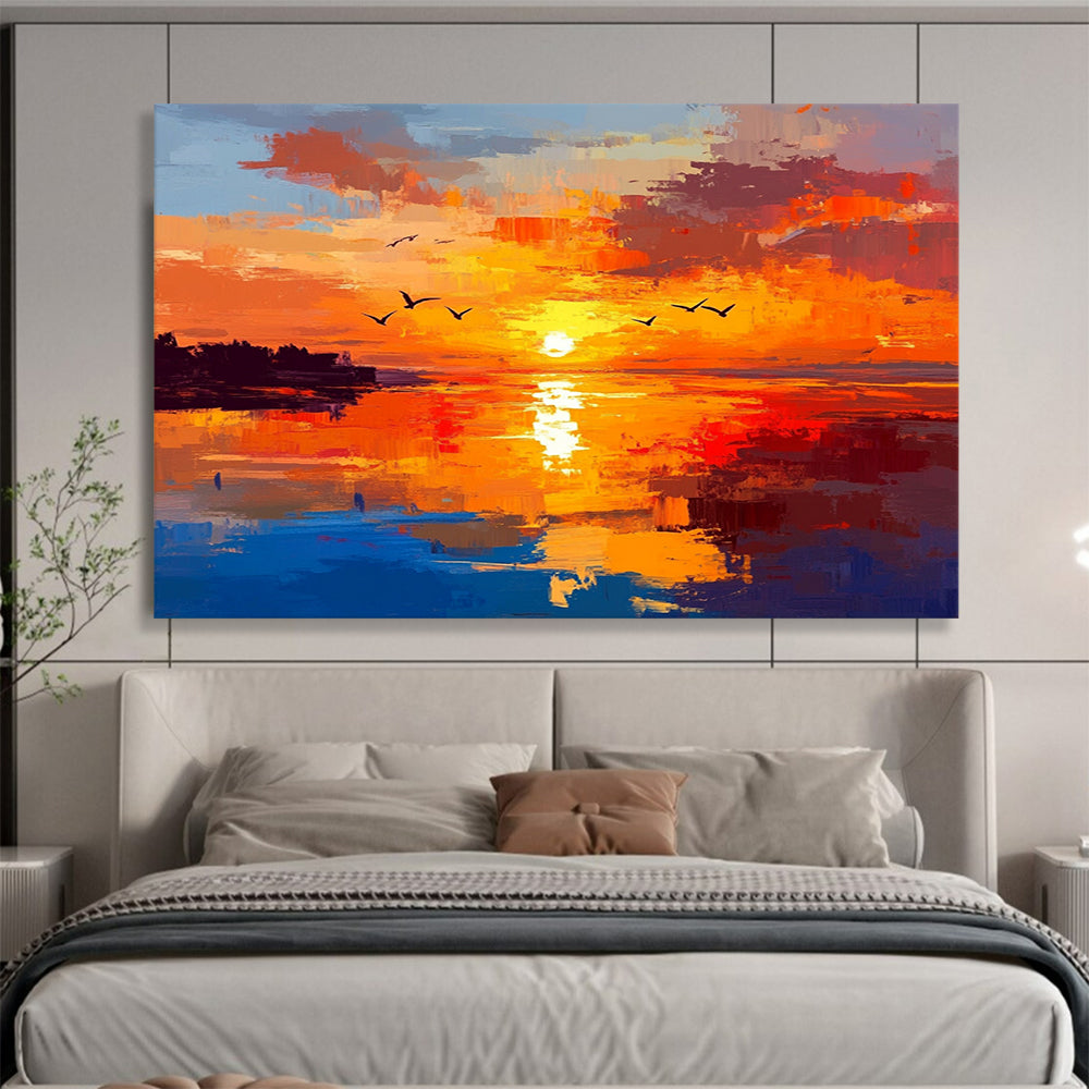 “Fiery Sunset Seascape” - Orange, Red, Yellow, Blue, Purple - Impasto Sunset Over Water - Oil Painting HB1324