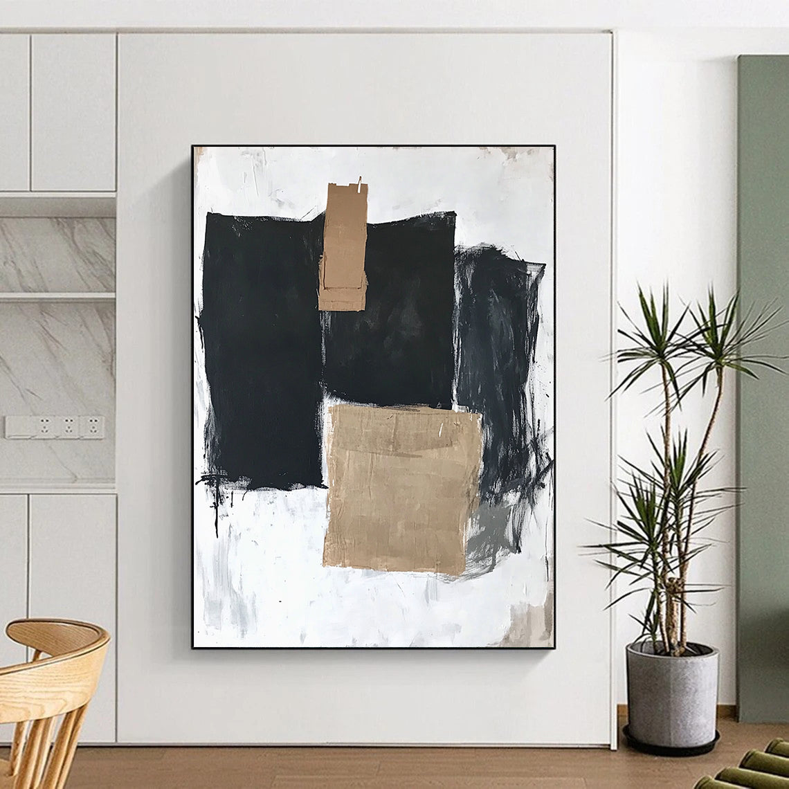 Contemporary hand-painted abstract art featuring three large black squares, one with brown tape, on a white background with thick dark gray strokes. DLZ1335