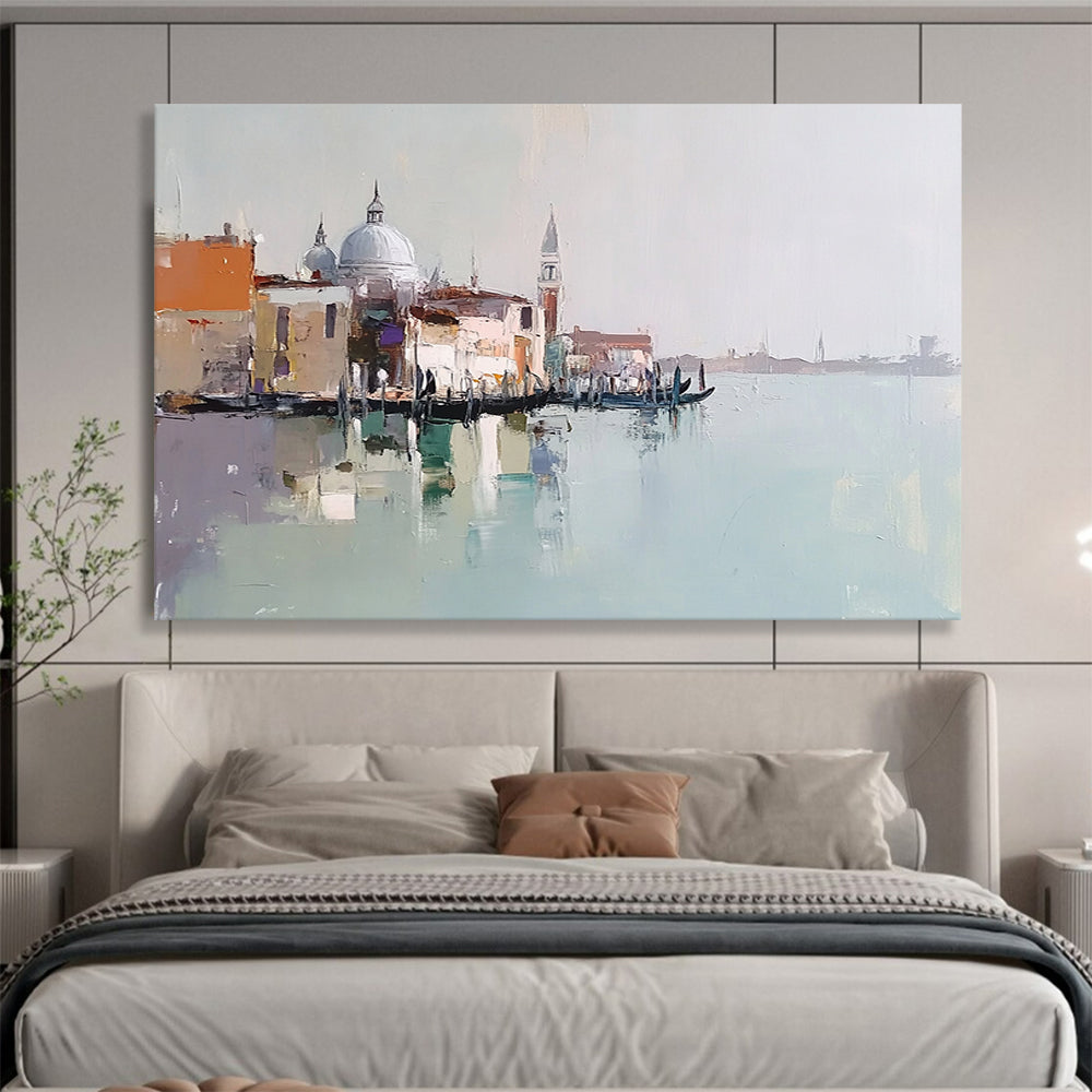 “Venice Impression Abstract” - Beige, Blue, Orange with Venice Scene - Painting On Canvas HB1403