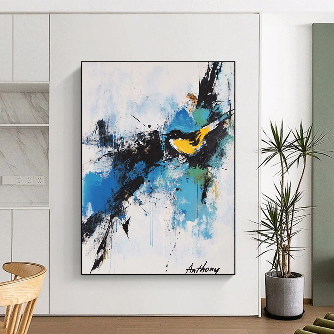 Contemporary hand-painted abstract artwork featuring expressive calligraphy and vibrant splashes of color including a yellow bird against a white background. DLZ0358