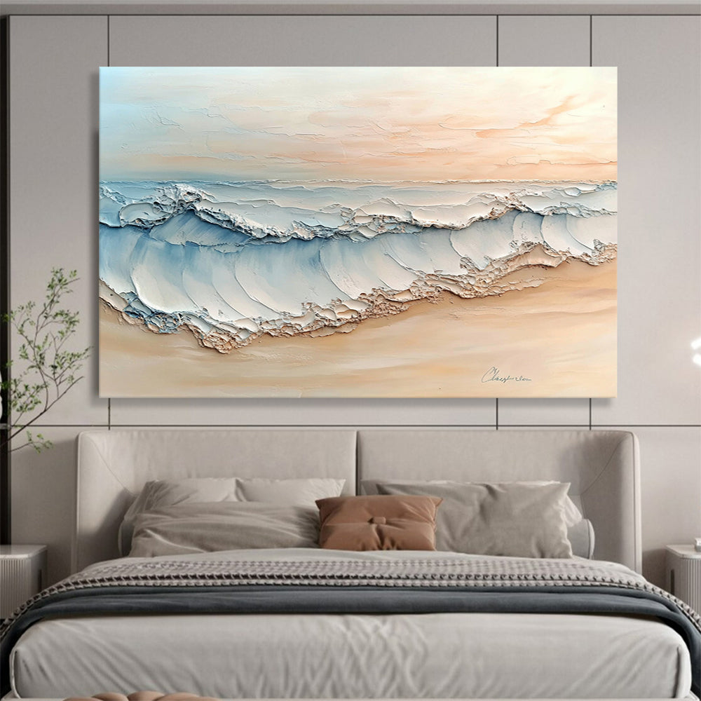 “Pastel Beach Wave Art” - Beige, Blue, White, Textured Beach Wave Painting On Canvas HB0974